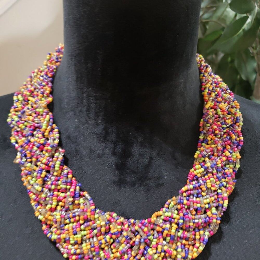 Womens Wide Braided Seed Bead Multi Strand Statement Necklace with Lobster Clasp - Picture 2 of 6